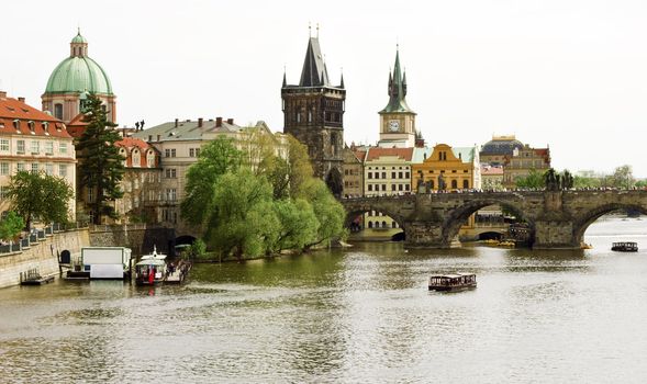 View of an Old town of Prague, the Charles Bridge and the Vltava River. Czech Republic