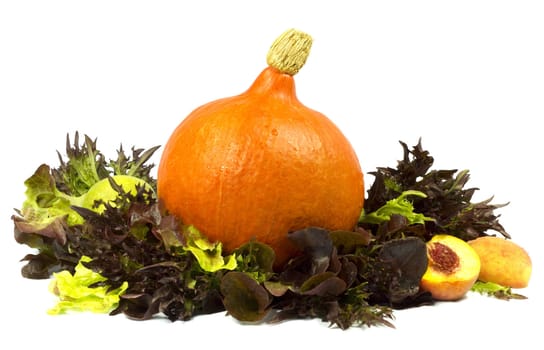 Still life of pumpkin, lettuce and peaches on a white background