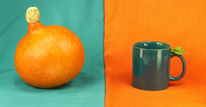 Still life of pumpkin and mug on a colorful background