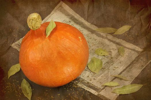 Still life of pumpkin, old paper and bay leafs on a paper background