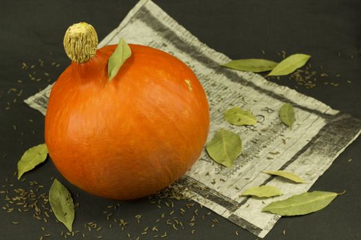 Still life of pumpkin, old paper and bay leafs on a black background