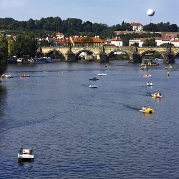 View of an Old town of Prague and the Vltava River. Czech Republic