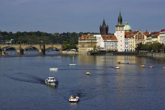 View of an Old town of Prague, the Charles Bridge and the Vltava River. Czech Republic