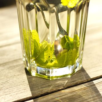 Glass of hot tea with a fresh peppermint and lemon, wooden background