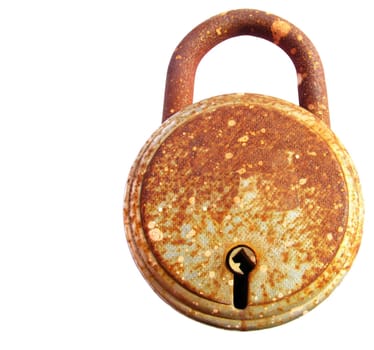 Image of rusted iron lock isolated on white background