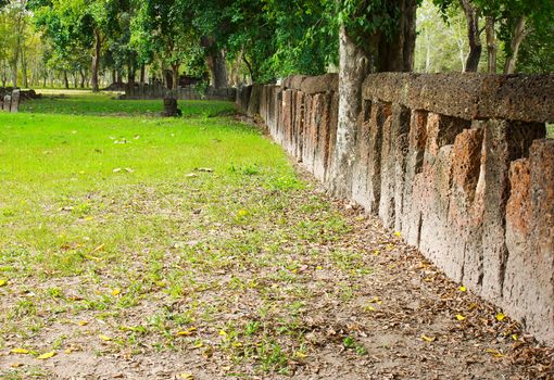 Stone block wall with in garden