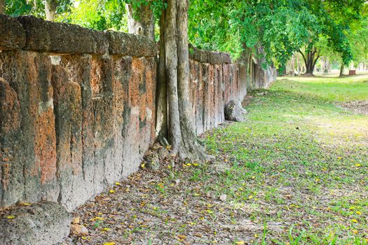 Stone block wall with in garden