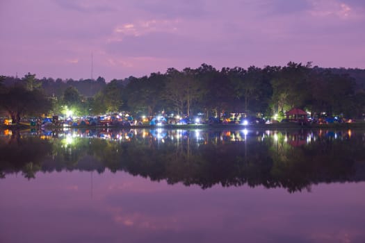 touristic camp at the evening by the lake