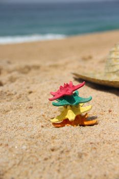 Funny vivid starfishes on the beach 