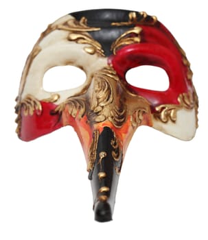 Frontal image of a colorful long nose Venetian mask against a white background.