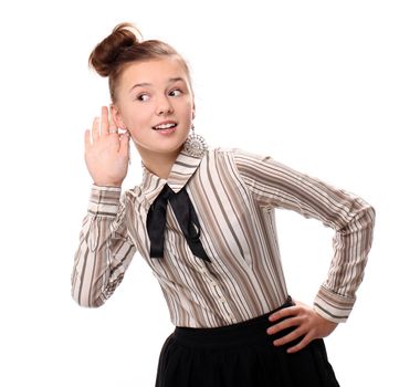 Portrait of beautiful young woman listening gesture