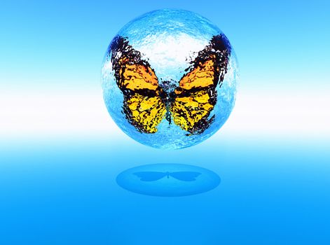 a butterfly inside a sphere of water in 3D modeling