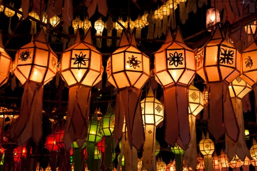 Colorful paper lanterns, Exciting festival, on the night.