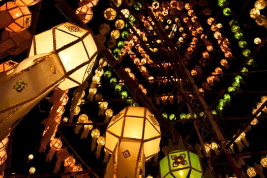 Colorful paper lanterns, Exciting festival, on the night.