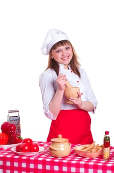 attractive woman making a meal, white background