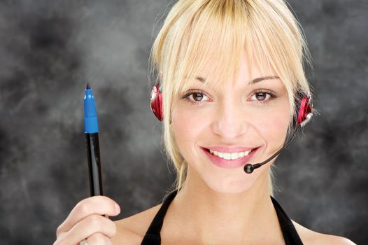 Blond woman as a telephone operator holding marker