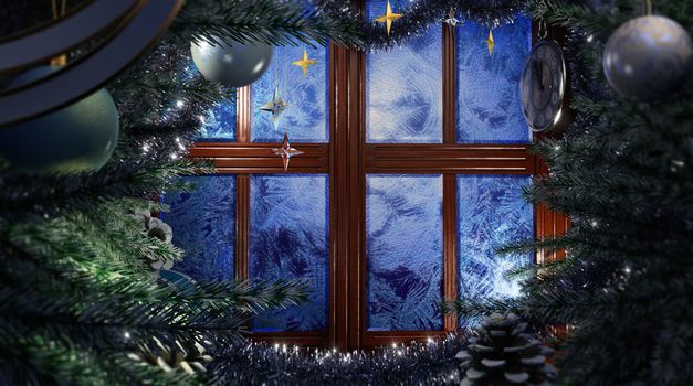 Happy New Year and Merry Christmas interior scene with frost window