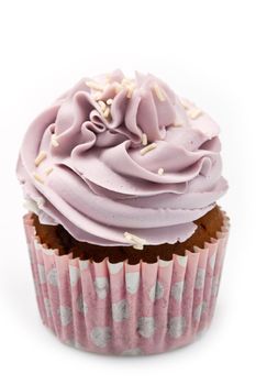 Vanilla cupcakes, decorated with lavender-coloured butter cream 