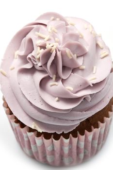 Vanilla cupcakes, decorated with lavender-coloured butter cream 