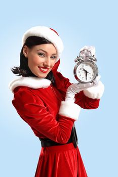 excited girl with santa hat holding clock. illustration