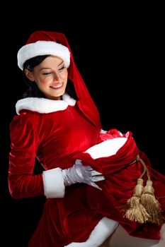 Santa Girl presenting your product, in costume and white gloves