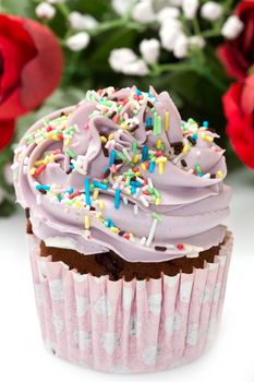 Vanilla cupcakes, decorated with lavender-coloured butter cream 