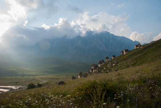 Old cemetery in mountains in Dargavs, North Ossetia