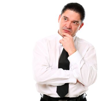Mid aged businessman thinking over a white background