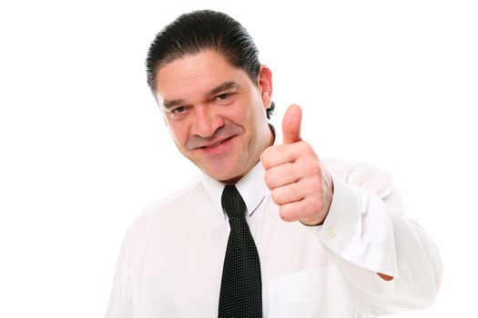 Smiling mid aged businessman showing thumbs up over a white background