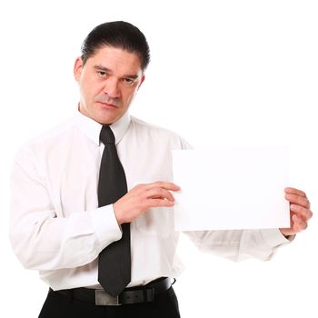 Serious businessman holding emty blank for your text