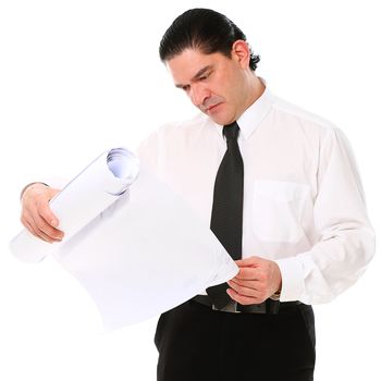 Mid aged architect holding building plans over a white background