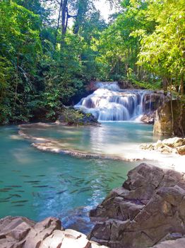 Emerald color water in tier first of Erawan waterfall with a lot of fish, Erawan National Park, Kanchanaburi, Thailand