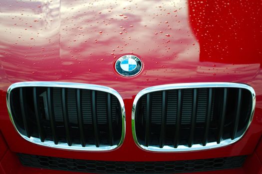 MUNICH - SEPTEMBER 19: BMW logo on new model at BMW Welt Expo center on September 19, 2012 in Munich.