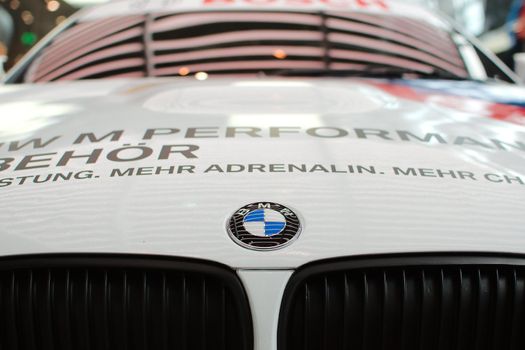 MUNICH - SEPTEMBER 19: BMW Logo on the front of the new BMW sport car demonstrated at BMW Welt Expo center on September 19, 2012 in Munich.