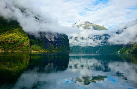 Cloudy morning in Geirangerfjord, Norway (listed as a UNESCO World Heritage Site)