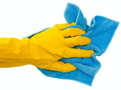 Hand in yellow protective glove with blue duster on white background