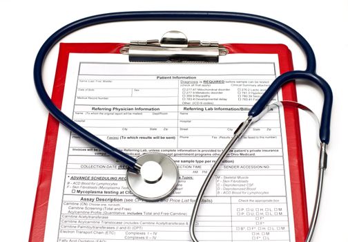 Blank Patient information on red clipboard with stethoscope on white background
