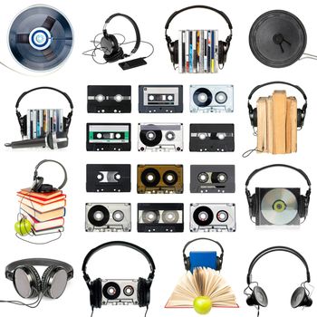 Collection of various audio gear on white background