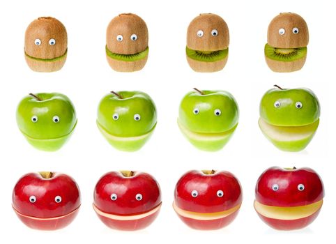 Funny fruit characters kiwi and apple on white background