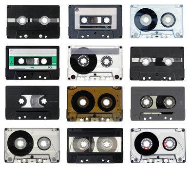 Collection of vintage Compact Cassettes on white background