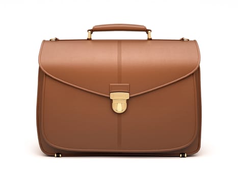 Brown business briefcase isolated on white background. Material - skin. Front view