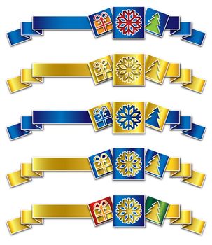 Christmas and winter icons on ribbon in different color variations