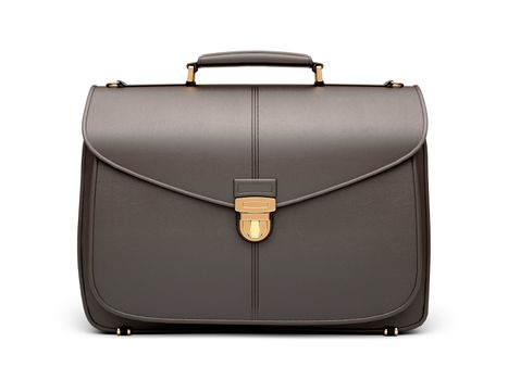 Black business briefcase isolated on white background. Material - skin. Front view