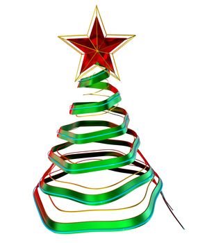 christmas tree with red star, made from glass as decorative holiday greeting card