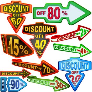set of arrow shaped labels / stickers for sales with big variety of discounts