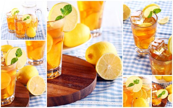 Fresh and cold ice tea with sliced lemon and mint collage