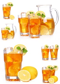 Fresh and cold ice tea with sliced lemon and mint