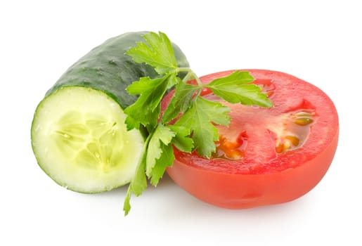 Tomato and cucumber isolated on a white background