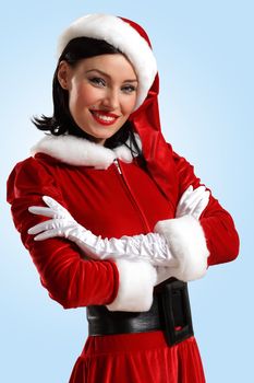 Portrait of beautiful young woman wearing santa claus clothes