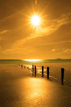 golden sunshine over the beach breakers in Youghal county Cork Ireland on a summers day